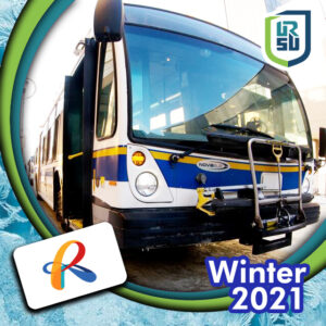 IMAGE DESCRIPTION: The front of a white, yellow, and blue City of Regina Transit bus with a bike rack visible. The text Winter 2021 is visible in the bottom right corner, the URSU logo is in the right top corner, and the City of Regina “R” logo is in the left bottom corner. 