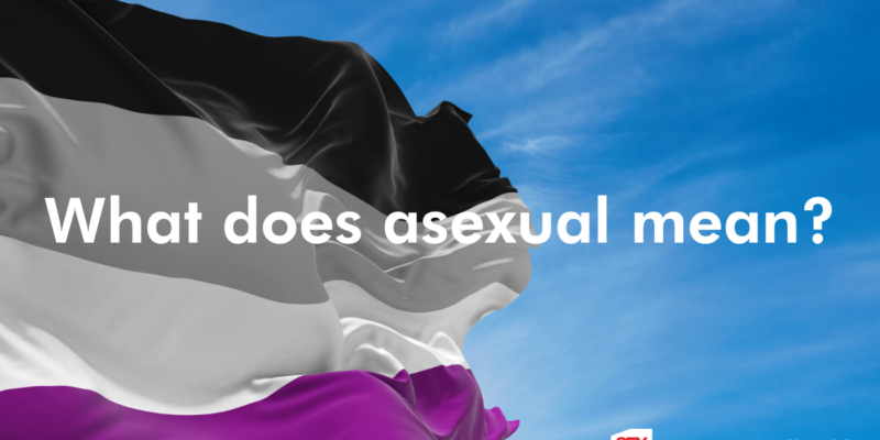 asexuality flag with text that reads what does asexual mean?